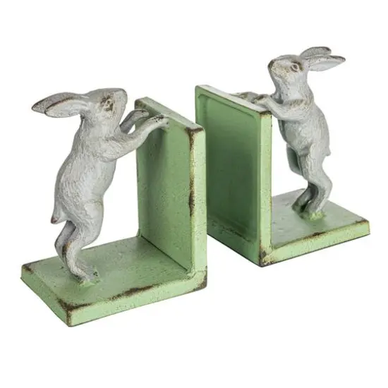 Hello Honey&reg; 6" Gray & Green Iron Rabbit Bookends Set {7}
