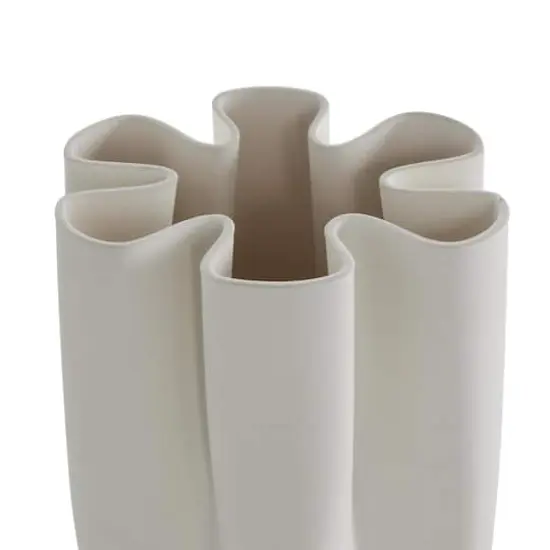White Ceramic Abstract Ribbed Dimensional Folded Vase with Floral Shaped Rim {5}