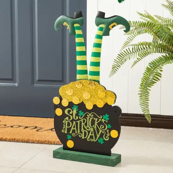 Glitzhome&reg; 24" Wooden St. Patrick's Leprechaun Pot of Gold Porch D&eacute;cor {3}
