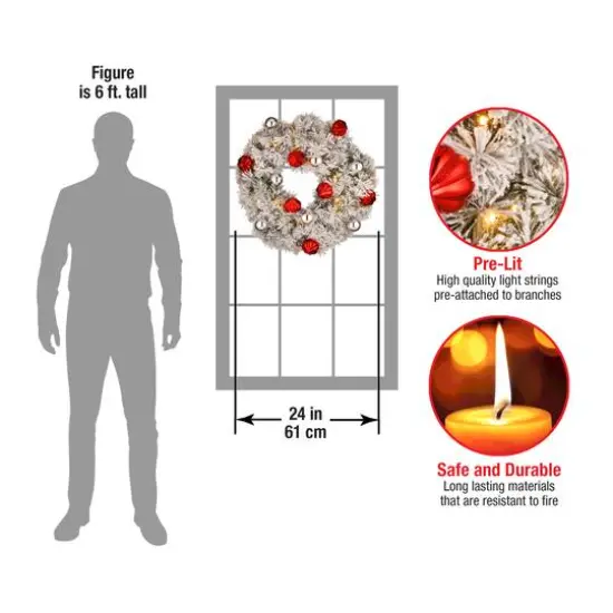 24" Snowy Bristle Pine Wreaths with Red & Silver Ornaments & Warm White LED Lights {5}