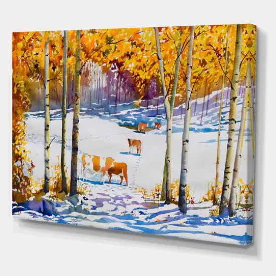 Designart - Cattle In The Early Snow In The Forest - Farmhouse Canvas Wall Art Print {1}
