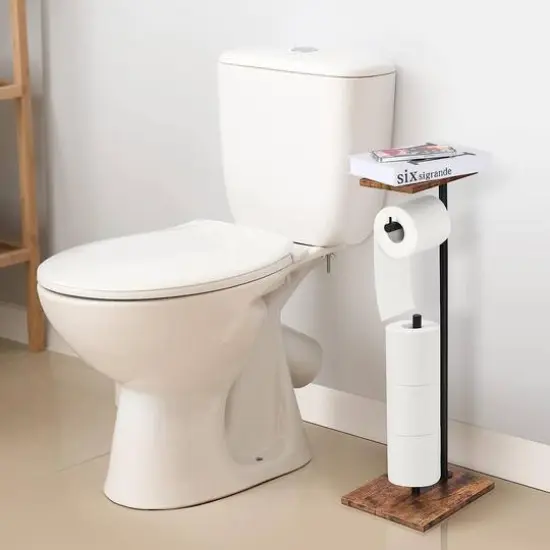 Black Freestanding Toilet Paper Holder Stand with Shelf {3}