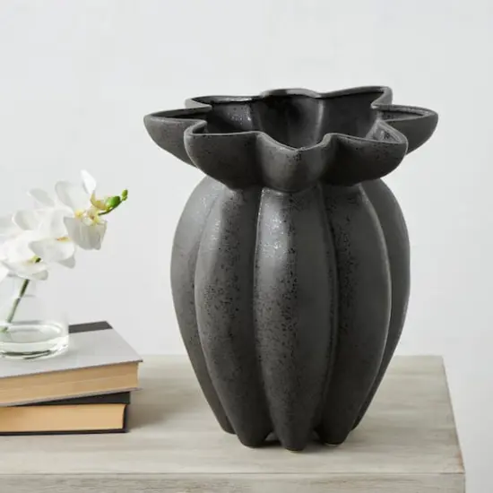 15" Black Ceramic Speckle Textured Tulip Shape Vase {3}