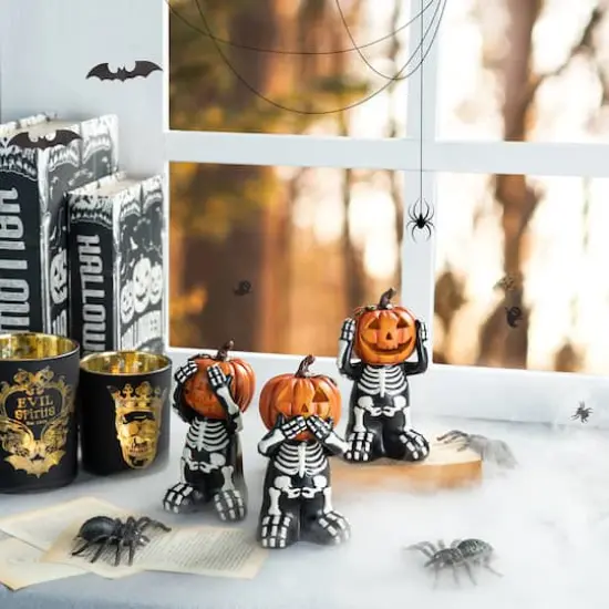 Glitzhome&reg; 5.75" Halloween Skeleton Pumpkin Table D&eacute;cor Set {3}