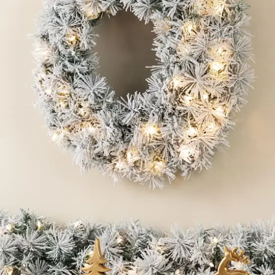 Glitzhome&reg; 24"D Pre-Lit Snow Flocked Greenery Pine Christmas Wreath, Multicolor LED Lights and Timer {6}