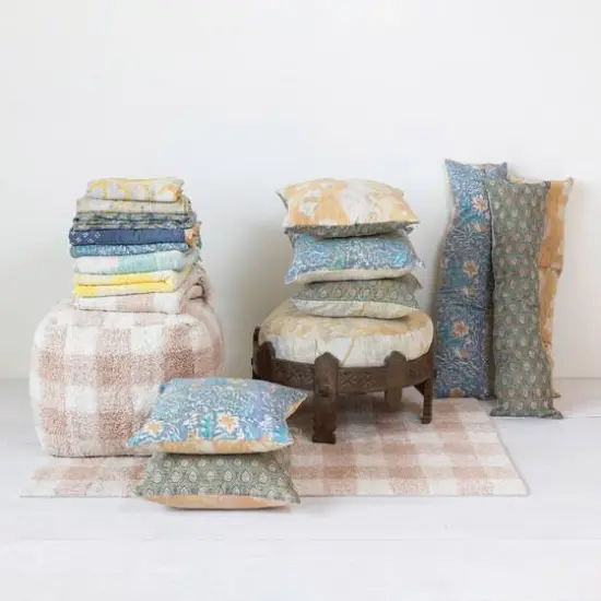 Hello Honey&reg; 24" Carved Reclaimed Wood Stool with Bleached Vintage Cotton Kantha Patchwork Cushion {4}