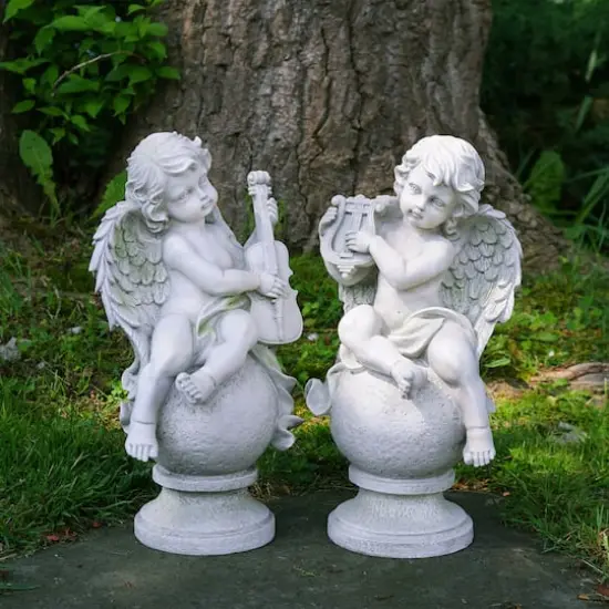 14.75" White Cherub Angels with Instruments Sitting Set on Finials Outdoor Garden Statues {3}