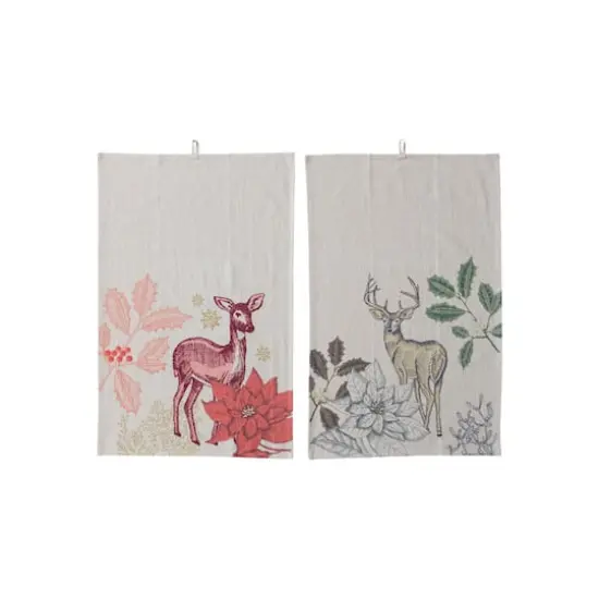 Hello Honey&reg; Multicolor Cotton & Linen Printed Tea Towel with Flora/Fauna Pattern & Loop Set {1}