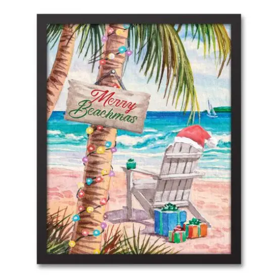 22" Merry Beachmas Christmas Black Framed Wall Canvas {1}