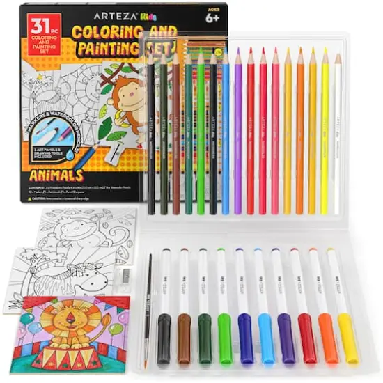 Arteza&reg; Kids Canvas Paint Kit, 3 canvas 4x4 in, Watercolor pencils and markers, Safari {1}