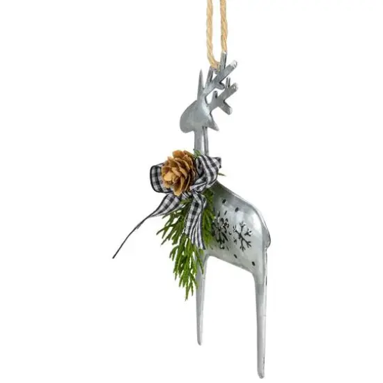 6.25" Silver Metal Reindeer Christmas Ornament with Black Gingham Bowtie & Pine {9}