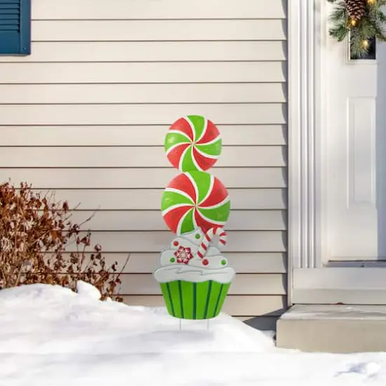 Glitzhome&reg; 3ft. Metal Peppermint & Cupcake Yard Stake {5}