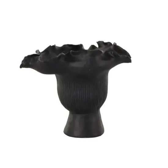 9" Black Ceramic Abstract Floral Inspired Vase with Linear Grooves {7}