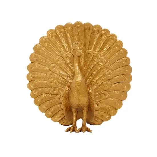 Gold Polystone Glam Peacock Sculpture, 12" x 12" x 5" {3}