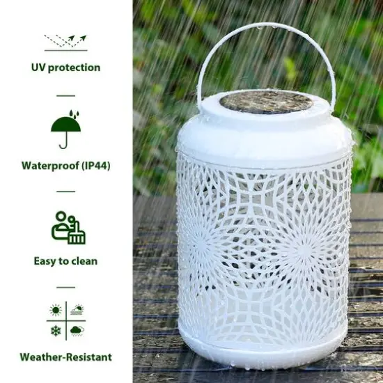 Glitzhome&reg; 8.75" Metal Cutout Solar Powered Hanging Lantern Set White {7}