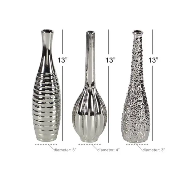 13" Silver Ceramic Glam Vase Set {7}