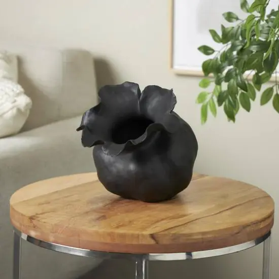 8.75" Black Ceramic Abstract Wide Rounded Floral Shaped Decorative Vase with Petal Rim {9}