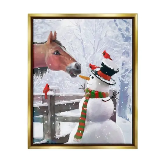 Stupell Industries Horse Eating Snowman Carrot Scene Framed Floater Canvas Wall Art Gold {1}
