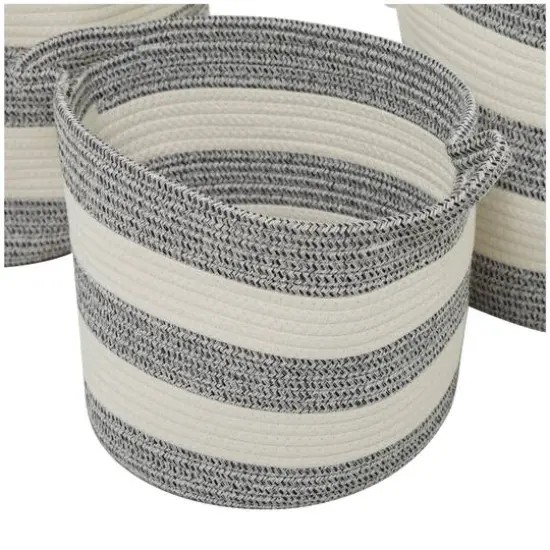 Gray Cotton Handmade Striped Storage Basket with Handles Set of 3 14", 12", 10" {5}