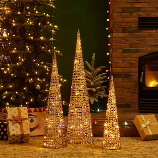 Glitzhome&reg; Lighted Christmas Champagne Gold Cone Tree Outdoor D&eacute;cor Set {4}