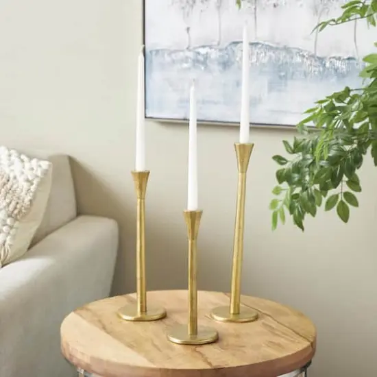 Gold Aluminum Metal Tapered Slim Minimalistic Decorative Candle Holder with Round Base, 3ct. {9}