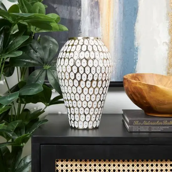 11" Gold & White Geometric Dot Metal Vase {3}