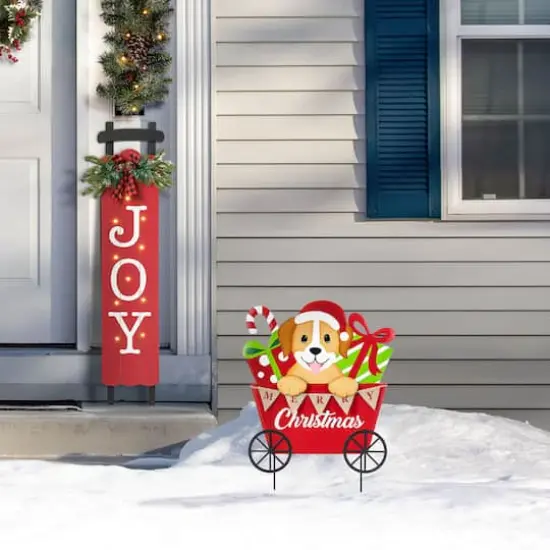 Glitzhome&reg; 24" Metal Christmas Dog and Gift Cart Yard Stake {5}
