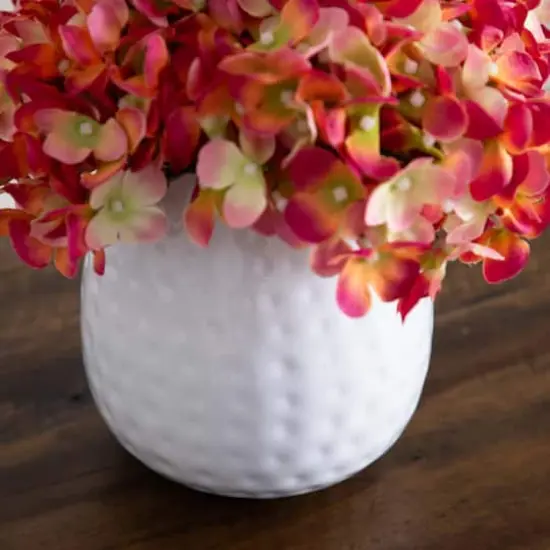 11" Pink Hydrangea Arrangement in White Metal Vase {5}