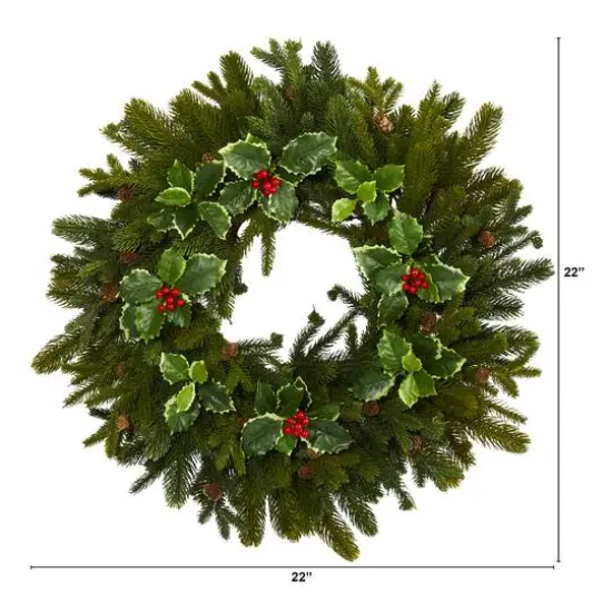 22" Pinecone & Holly Leaf Artificial Wreath {4}