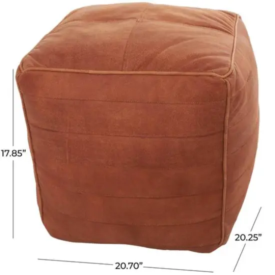 21" Leather Pouf with Linear Panels Tan {8}