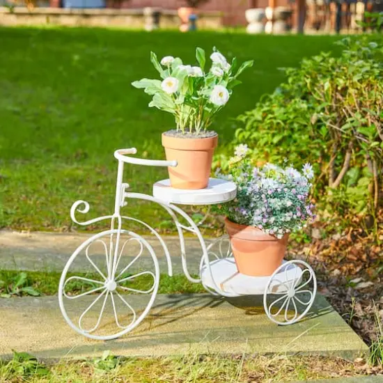 Glitzhome&reg; 24" White Metal Tricycle Planter Stand with Solid Wood Tray {3}