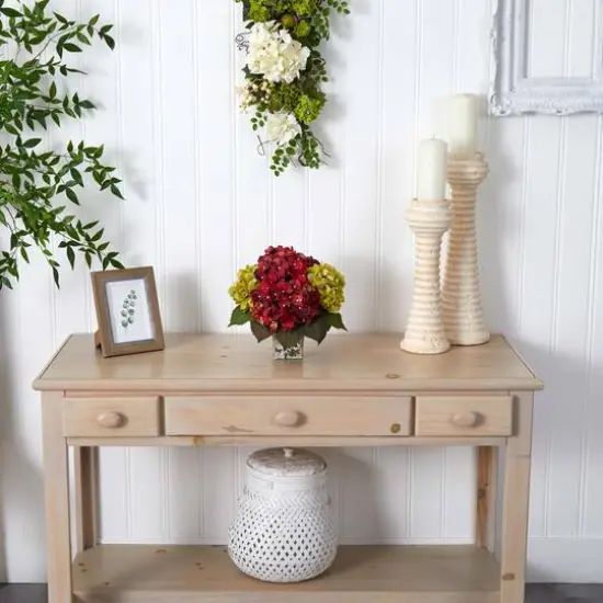 11" Green & Burgundy Hydrangea Arrangement in Floral Vase {7}