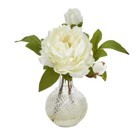 11" White Peony Arrangement in Clear Vase {1}