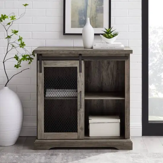 Edison Walker 32" Grey Wash Sliding Mesh Metal Door Accent Cabinet {1}