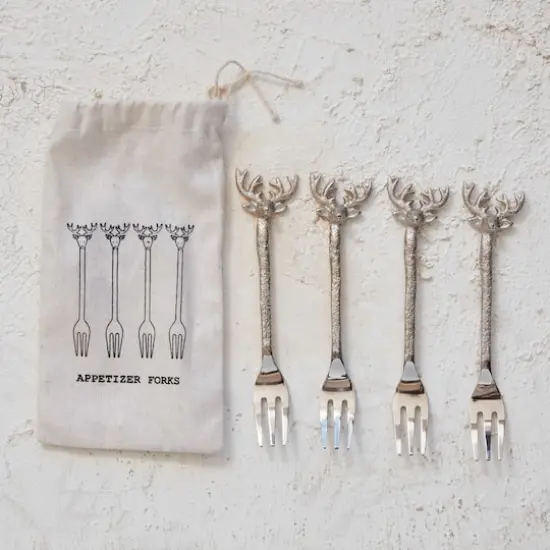Hello Honey&reg; 5.5" Nickel Finish Reindeer Handle Appetizer Forks {3}
