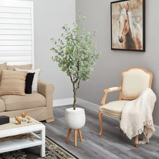 6ft. Eucalyptus Artificial Tree in White Planter with Stand {4}