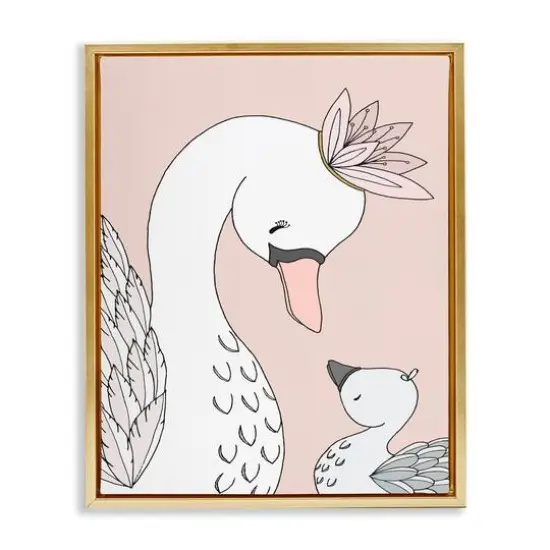 Stupell Industries Mother & Baby Swan Flower Crowns Princess Animals Floater Framed Art Gold {1}