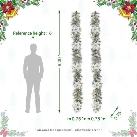 Glitzhome&reg; 9ft. Pre-Lit Snow-Flocked Greenery Pine & Poinsettia Christmas Garlands, 2ct. {9}