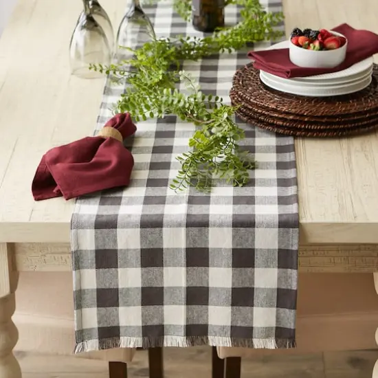 DII&reg; 108" Heavyweight Check Fringed Table Runner Mineral {5}