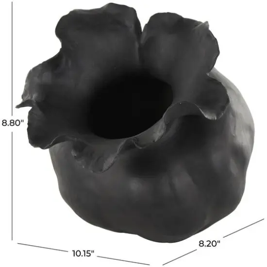 8.75" Black Ceramic Abstract Wide Rounded Floral Shaped Decorative Vase with Petal Rim {8}