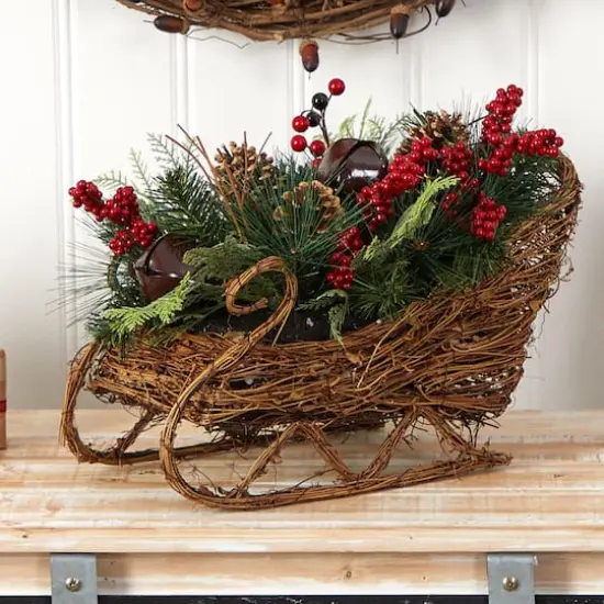 18" Sleigh Pinecones & Berries Artificial Christmas Arrangement {3}