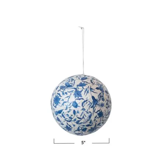 Hello Honey® 5" Blue & Cream Printed Paper Mache Ball Ornament with Flowers & Peacock Feather Design {4}