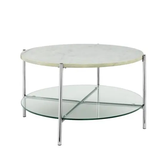Faux White Marble, Glass & Chrome Modern Round Coffee Table {1}
