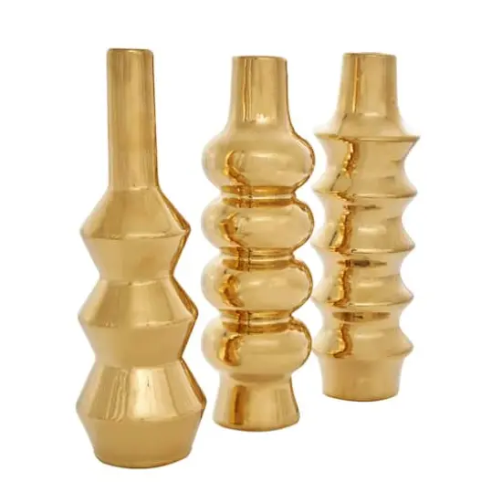 Gold Ceramic Abstract Bubble Ribbed Vase Set {4}