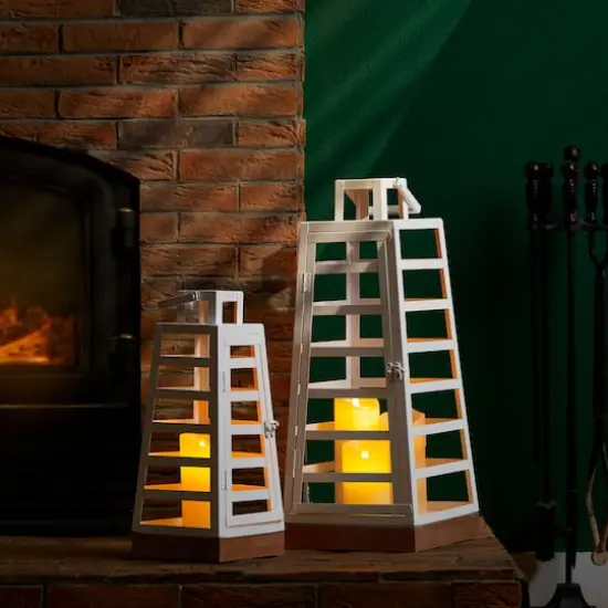 Glitzhome® White Modern Trapezoid Metal & Wood Lanterns Set {7}