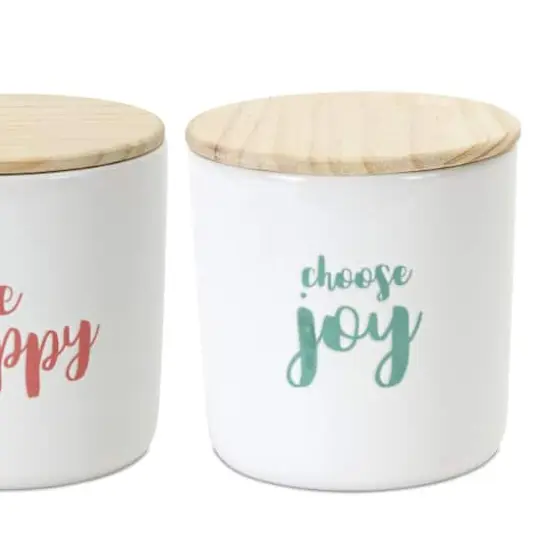 Happy Sentiment Stoneware Canisters with Wood Lids Set {3}