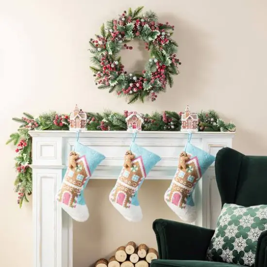 Glitzhome® 21"L Hooked Gingerbread House Stocking with Gingerbread Man Ornament {6}