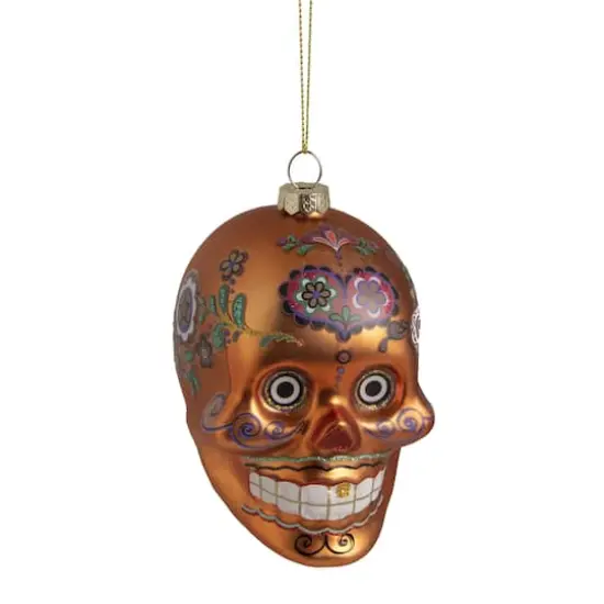 Orange Day of the Dead Glass Skull Halloween Ornament {1}