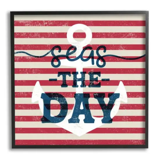 Stupell Industries Seas The Day Americana Anchor & Flag Phrase Framed Giclee Art Black {1}