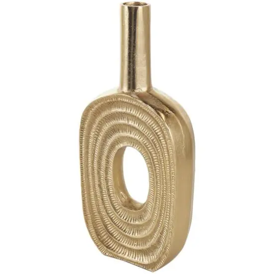 16" Gold Aluminum Metal Geometric Circular Vase with Linear Etchings {10}